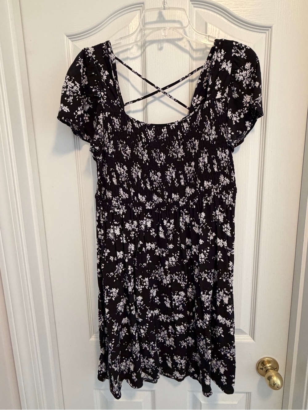Maurices Black Mini Dress with White Floral Print & Crisscross Back Women’s Med.